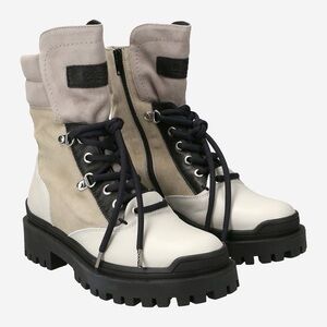 Black and White Combat Boots with Thick Sole and Adjustable Ankle Strap